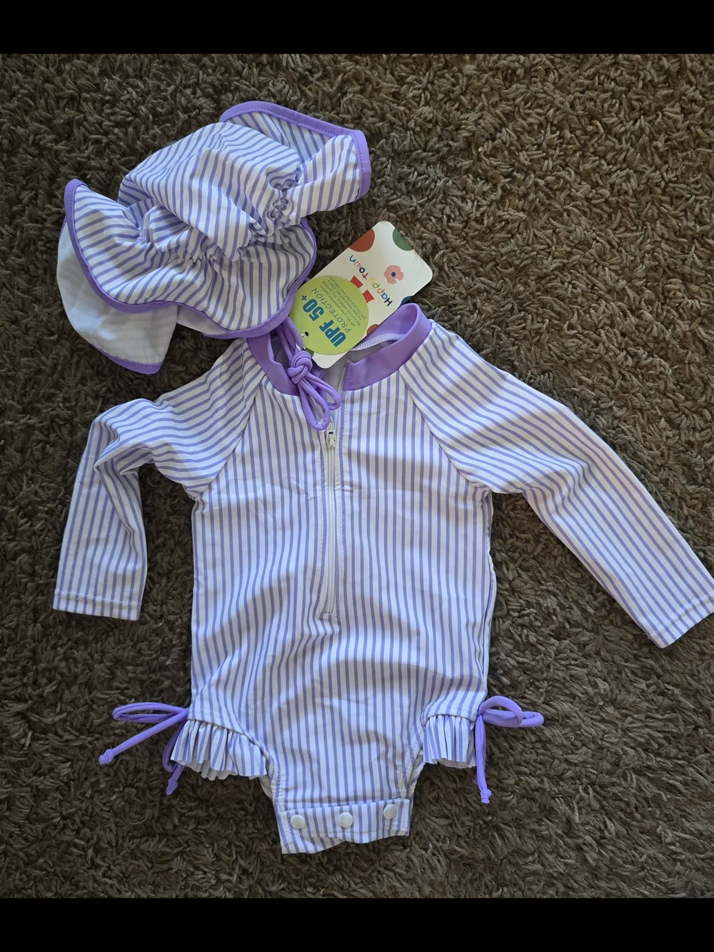 Lilac Striped Long-Sleeve Baby Rashguard Swim Set with Sun Hat. 6-9 Months. NWT.